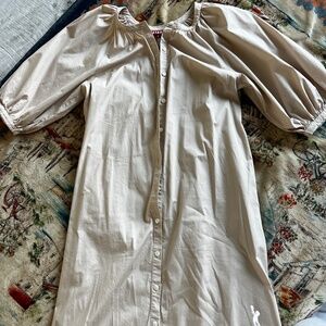 STAUD Tan Beige Puff Sleeve Cotton Poplin Shirtdress